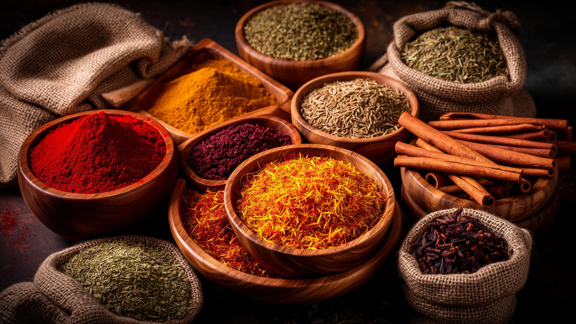 Abido premium Lebanese spices arranged in wooden bowls