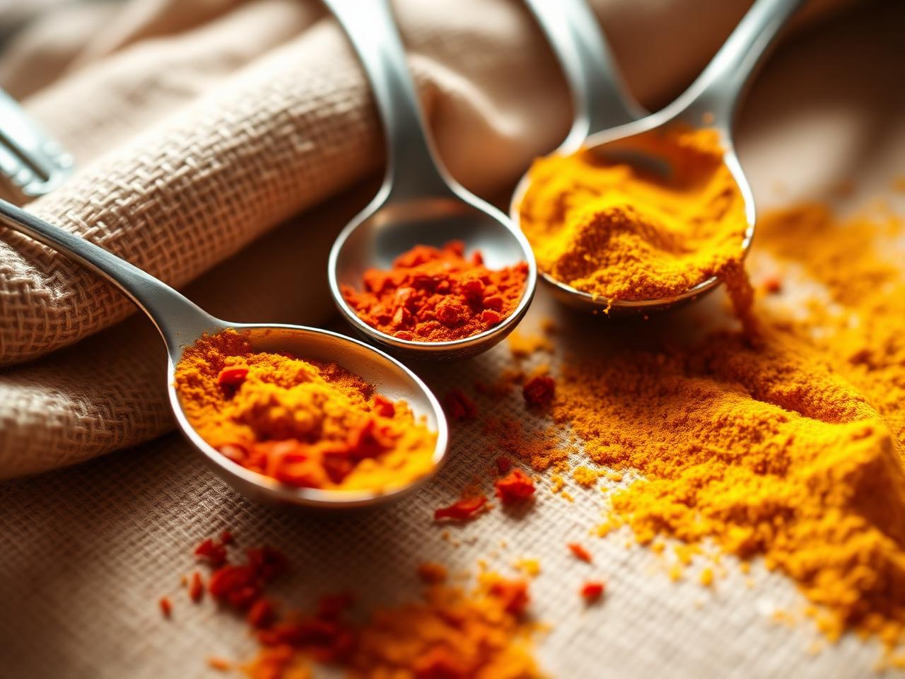 Close-up of saffron and chili spices on warm linen