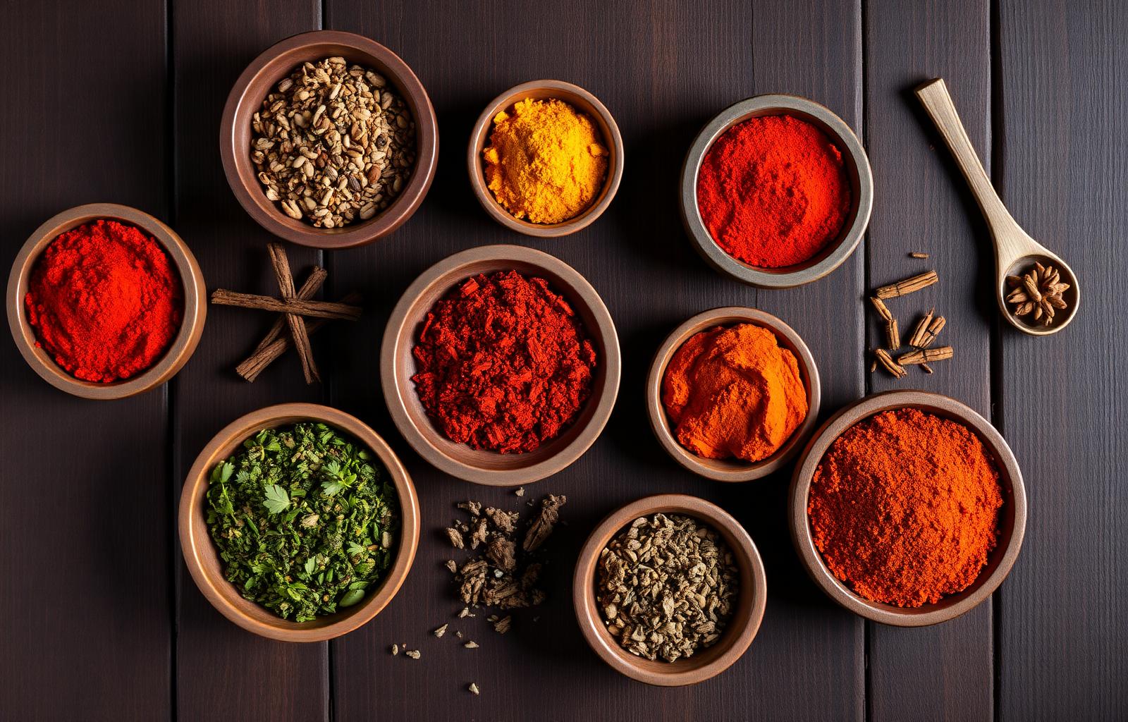 Overhead flat lay of Lebanese spices in wooden bowls